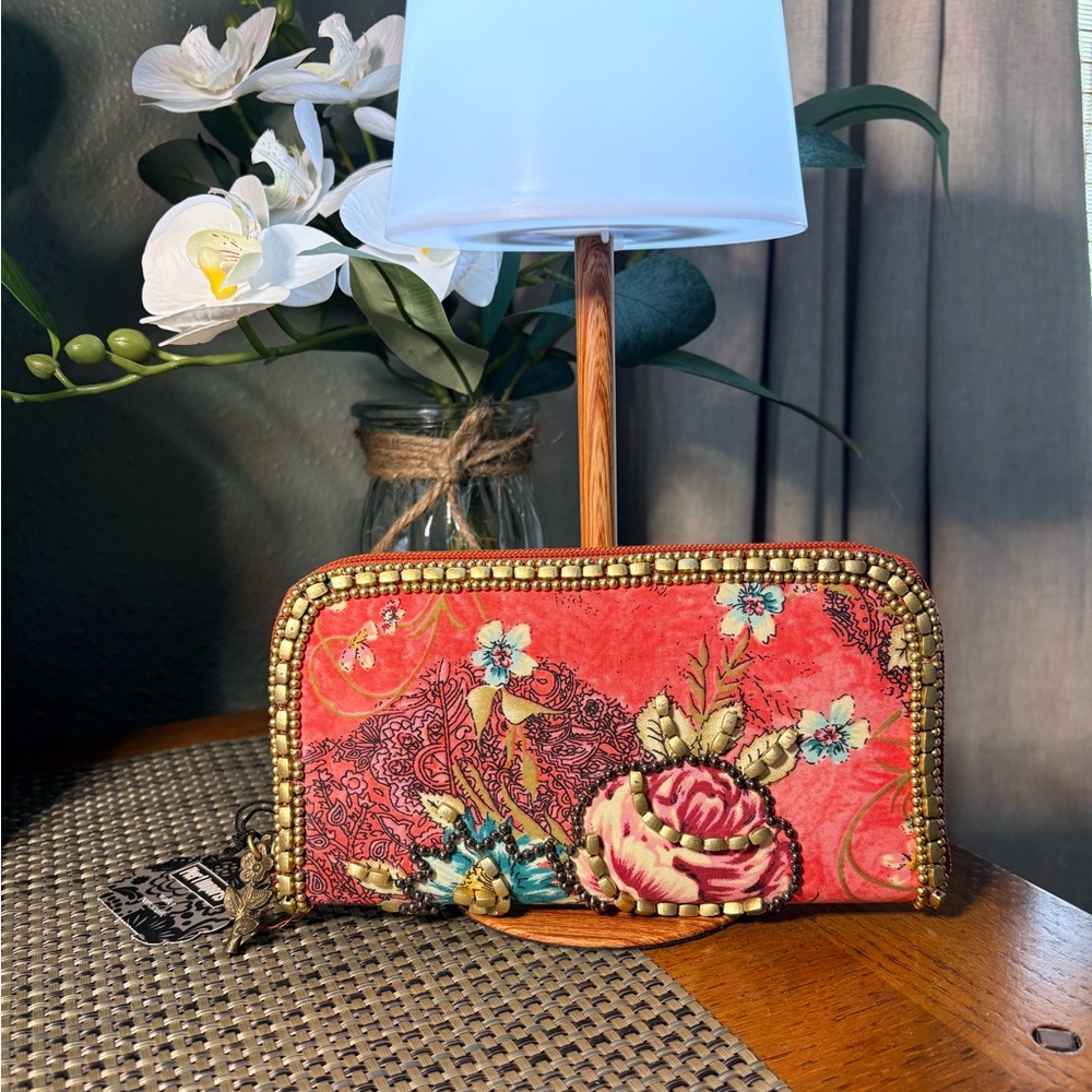 Boho Embroidered Beaded Floral Zip Around Wallet Coral Pink  Artisan Style